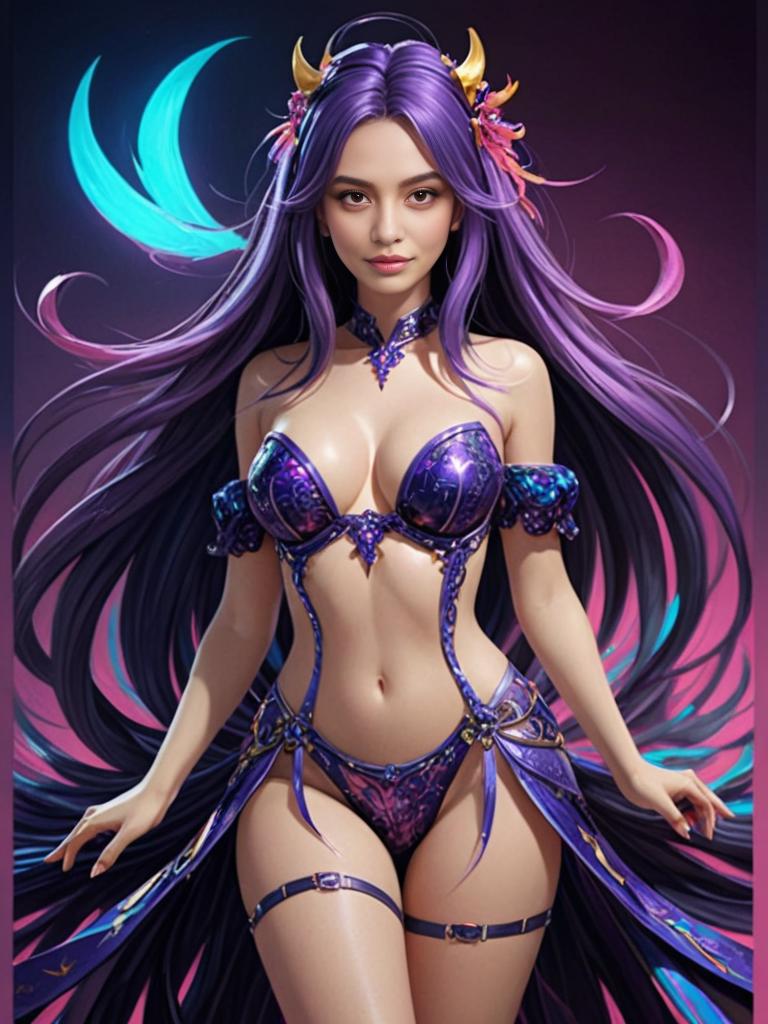 Fantasy Female with Purple Hair and Crescent Moons