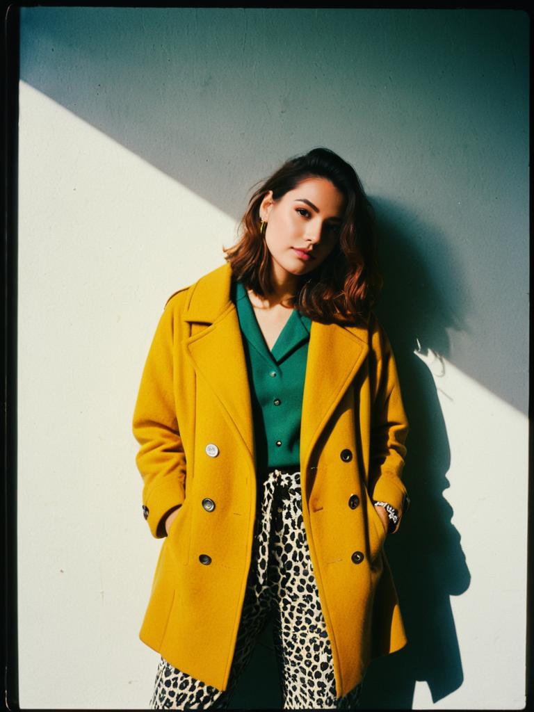 Stylish Woman in Mustard Yellow Wrap Coat with Large Lapels and Leopard Print Pants