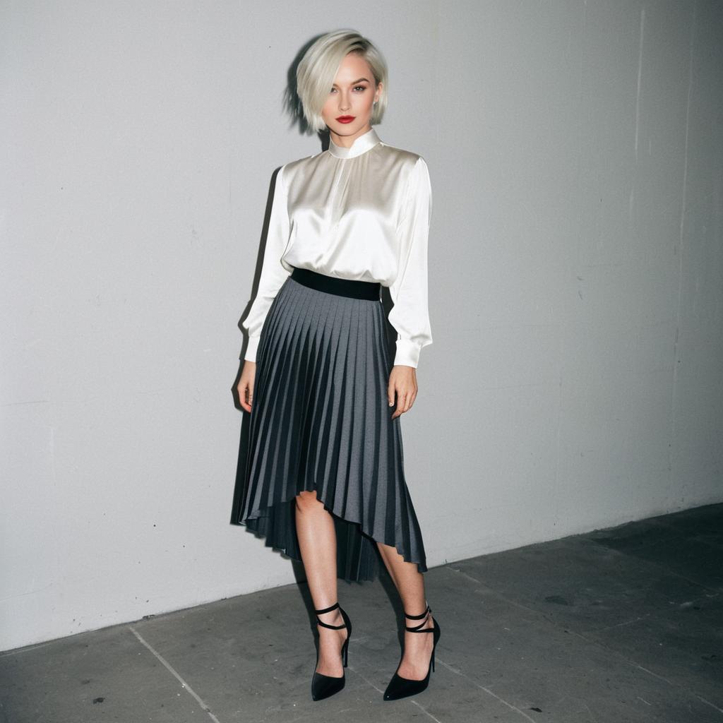 Stylish Woman in Silky Blouse and Asymmetrical Pleated Skirt Fashion Photo