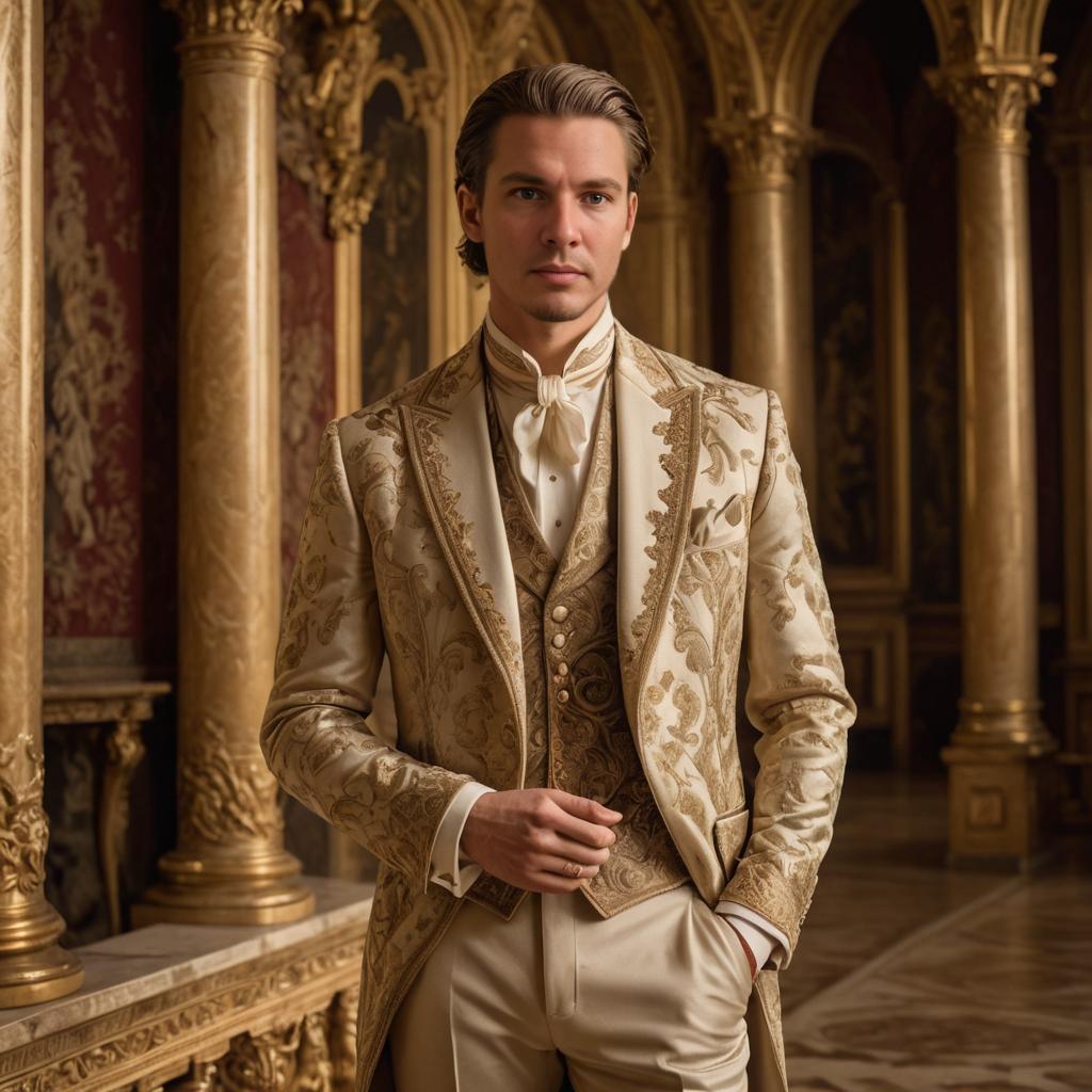 Man in Renaissance Attire in Ornate Hall