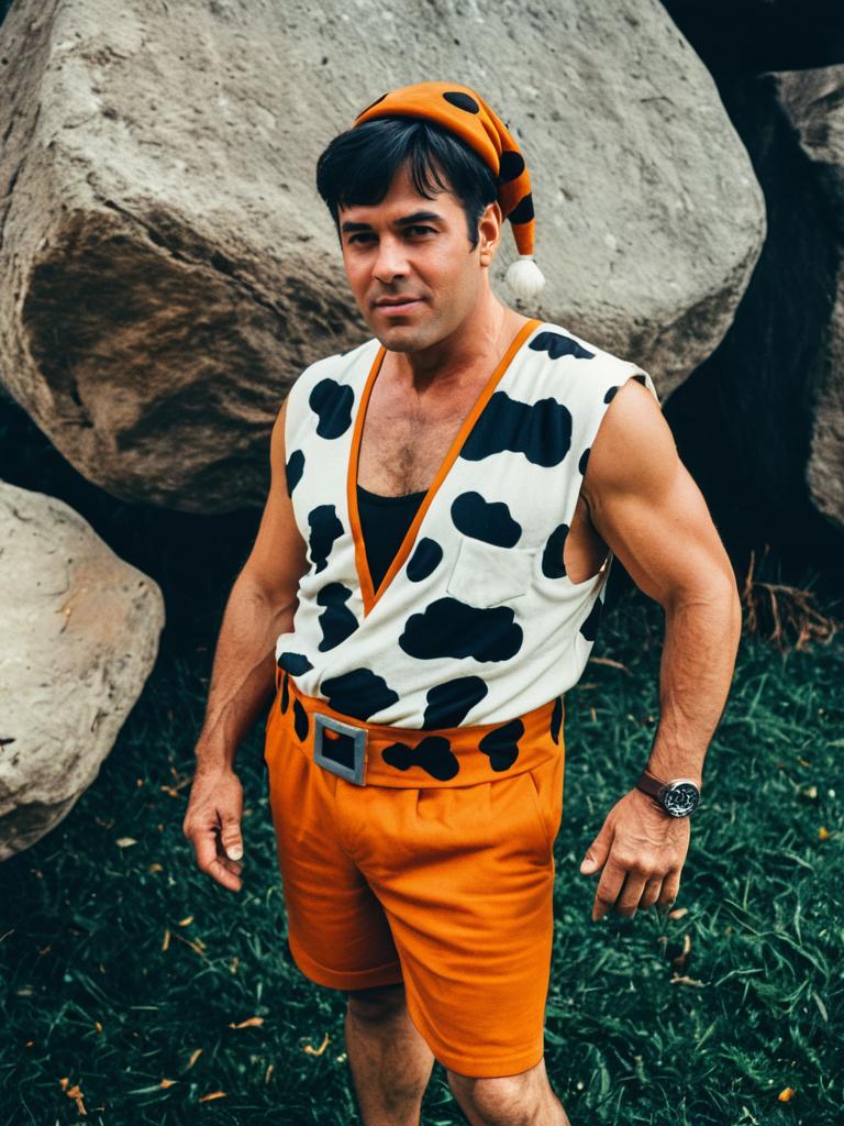 Man in Fred Flintstone Costume Cinematic Realism Detailed Cosplay