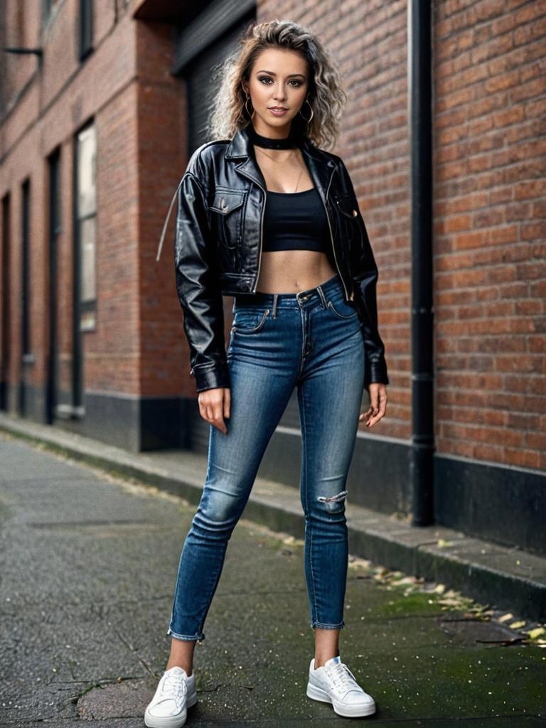 Stylish woman in urban setting with leather jacket