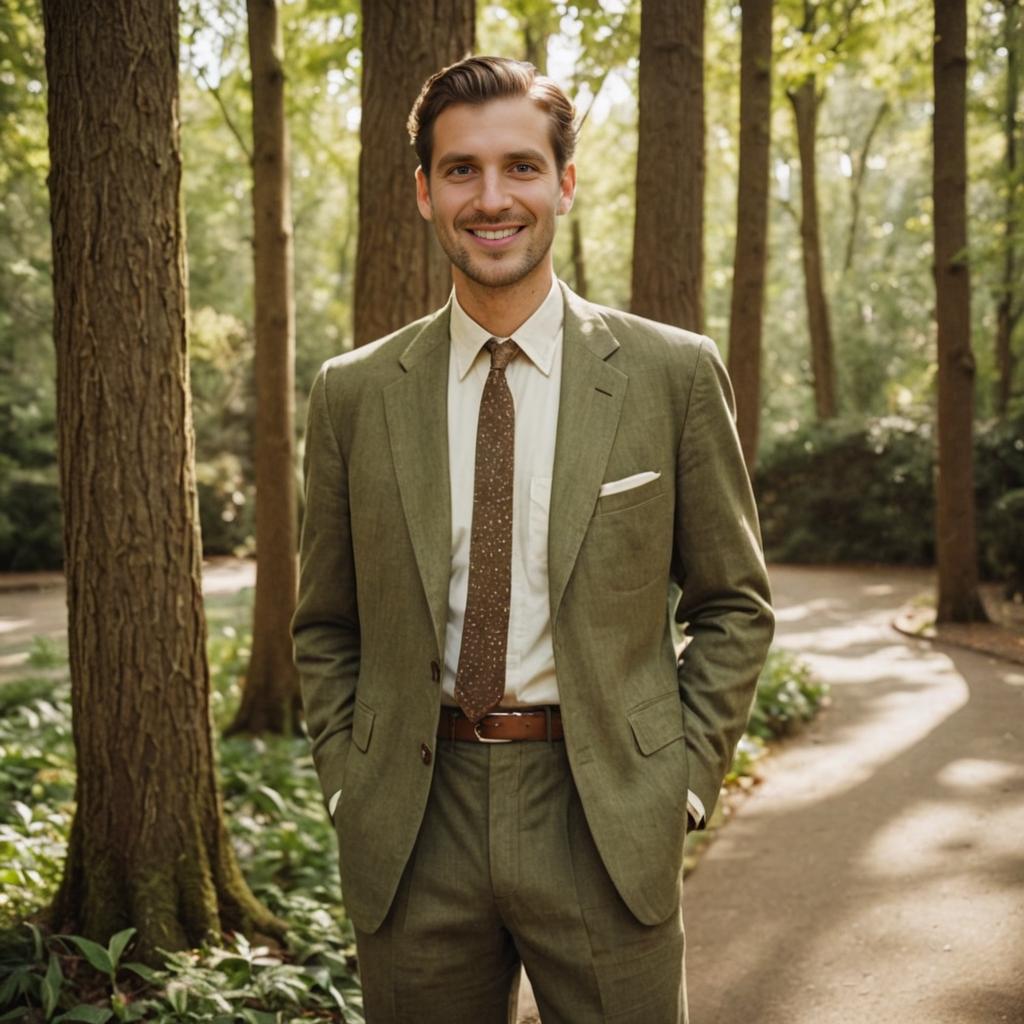 Confident Man in Olive Green Suit