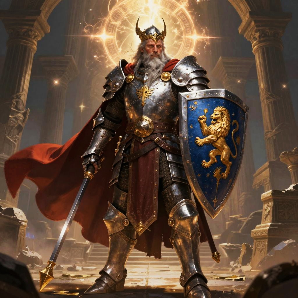Armored King with Sword and Lion Shield in Fantasy Medieval Setting
