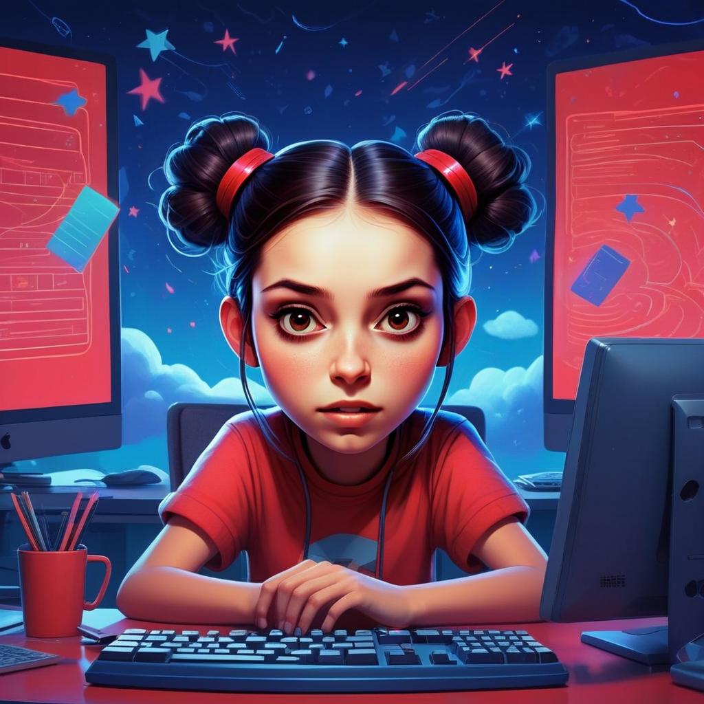 Young Woman with High Buns at Dual Monitors Young Woman with High Buns at Dual Monitors