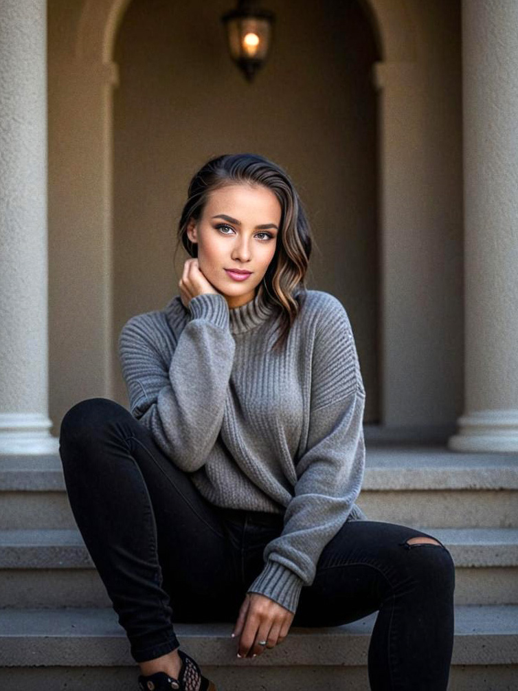 Stylish Woman in Gray Sweater and Ripped Jeans