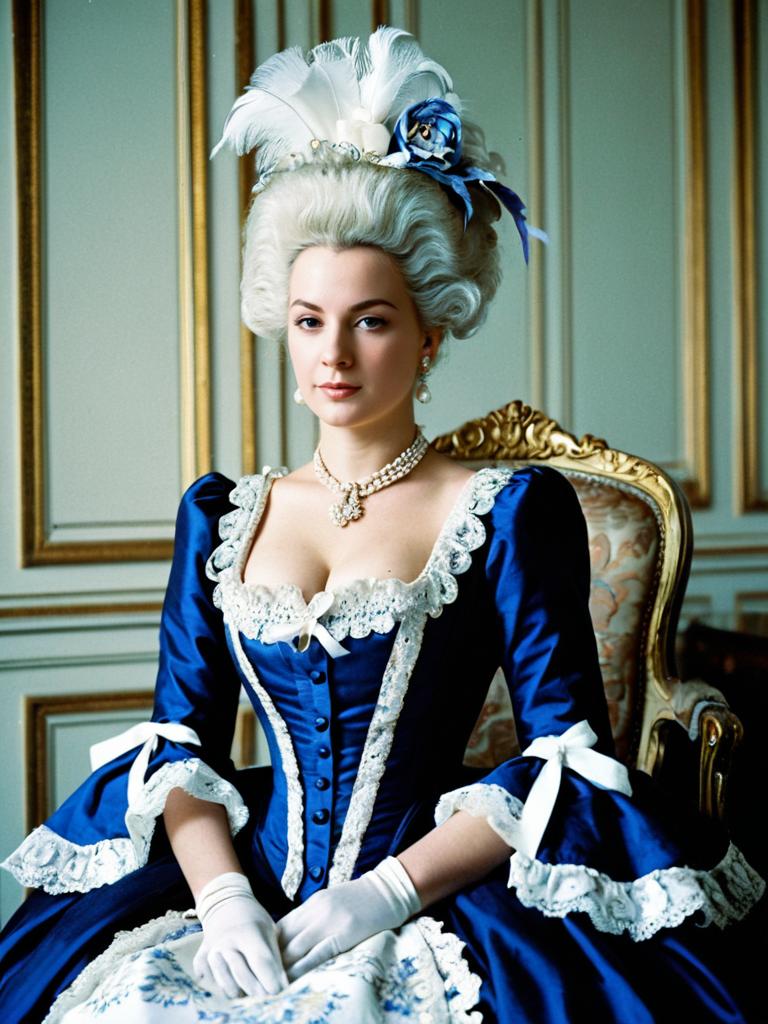 Marie Antoinette Fancy Dress in Blue Rococo Style with White Lace
