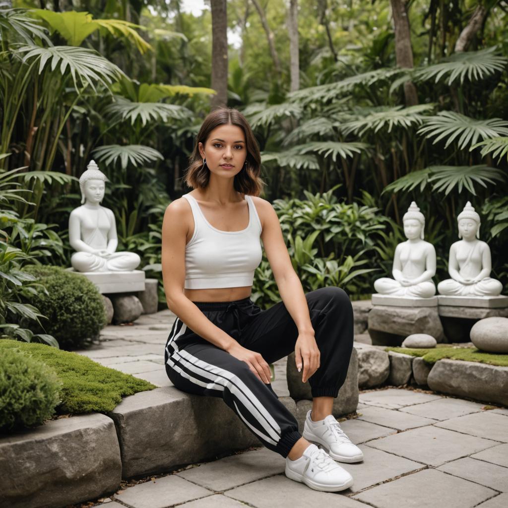 Stylish Woman in Serene Garden with Buddha Statues