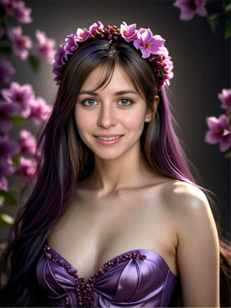 Young Woman with Floral Crown in Violet Dress