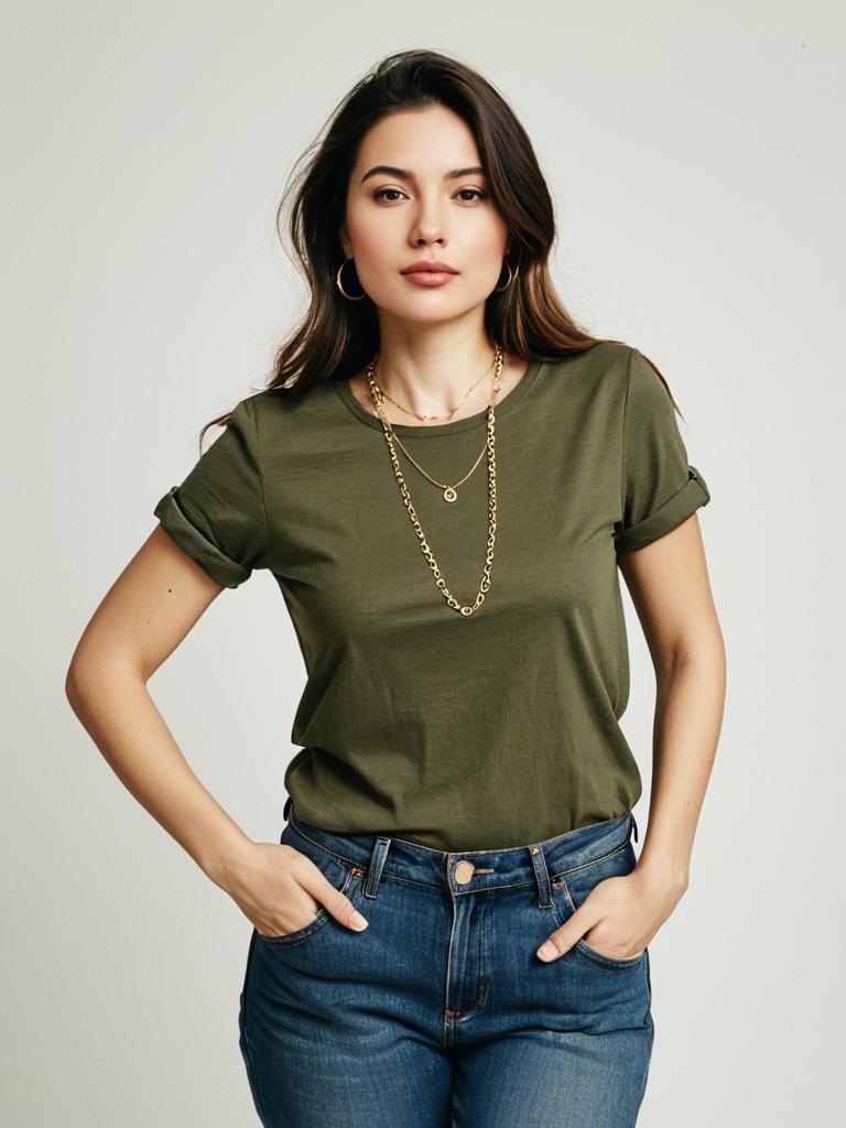 Woman in Casual Olive Green Round Neck T-Shirt with Rolled Up Sleeves