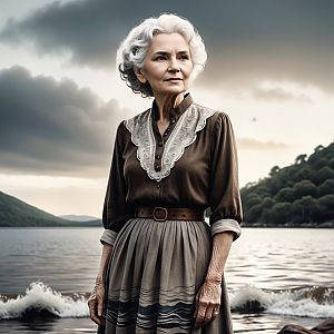 Elderly Woman by Serene Lake in Vintage Attire