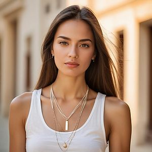 Portrait of Young Woman Wearing White Tank Top and Layered Gold Necklaces Outdoors