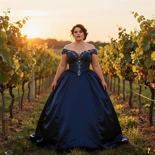 Stocky Woman in Navy Blue Beaded Ball Gown in Vineyard Sunset