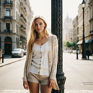 Young Woman in Casual Outfit on Sunlit City Street