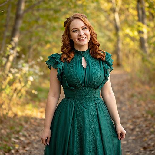 Smiling Woman in Dark Green Vintage Dress on Autumn Forest Path