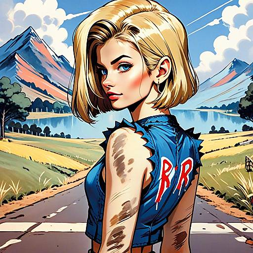 Stylized Comic Art of Blonde Woman on Mountain Road Landscape