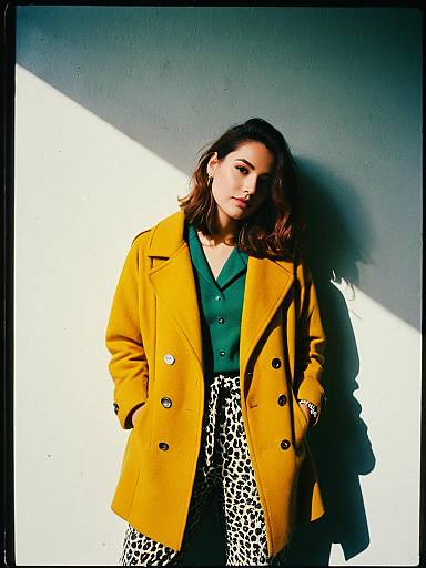Stylish Woman in Mustard Yellow Wrap Coat with Large Lapels and Leopard Print Pants