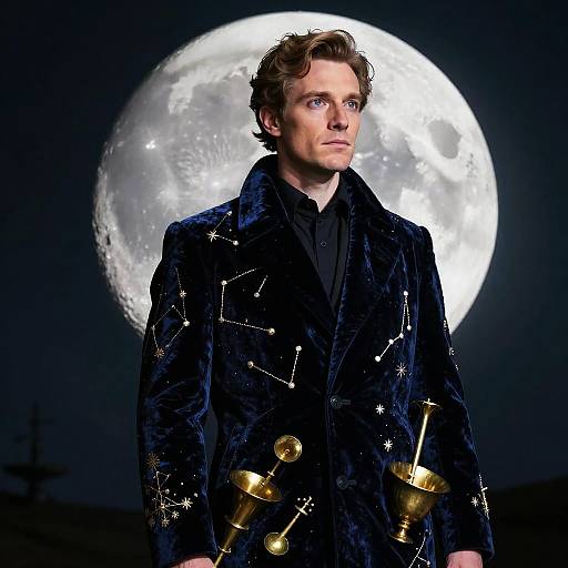Man in Velvet Constellation Coat With Brass Details Under Full Moon