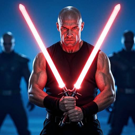 Muscular Man with Dual Red Lightsabers in Sci-Fi Action Pose