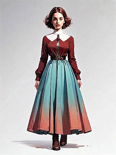 Realistic Comic Style Woman Full Body Portrait in Gradient Skirt