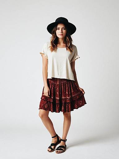 Bohemian Casual Woman Wearing Loose Ivory T-Shirt and Red Patterned Skirt