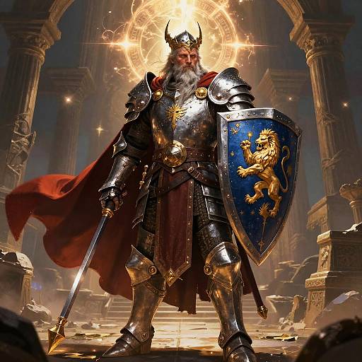 Armored King with Sword and Lion Shield in Fantasy Medieval Setting