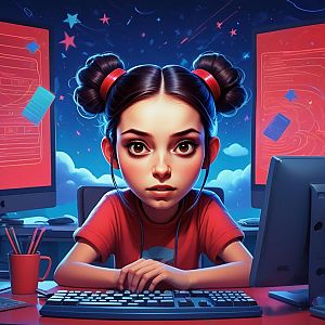 Young Woman with High Buns at Dual Monitors