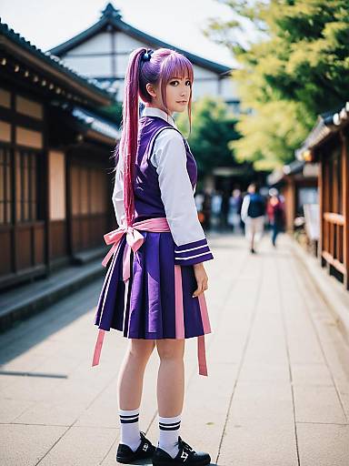 Momoyama Mirai Woman in Purple Japanese School Uniform on Traditional Street