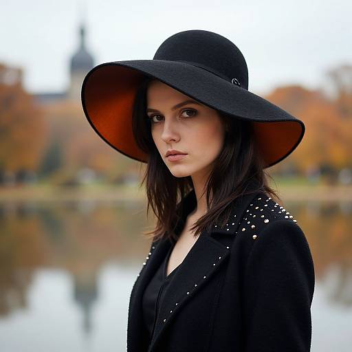 Elegant Woman in Wide-Brimmed Hat and Studded Black Coat Autumn Portrait