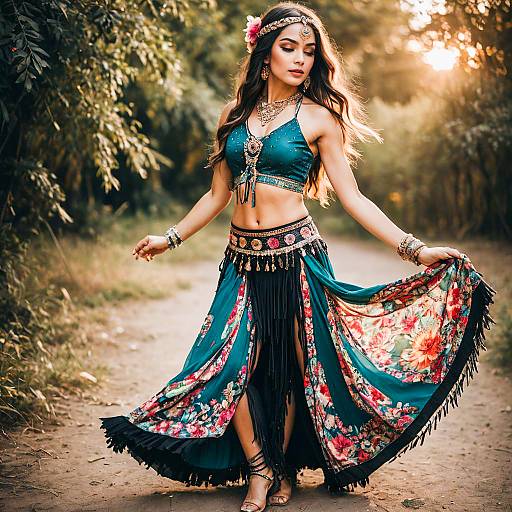Bohemian Woman in Floral Skirt and Jewelry on Forest Path