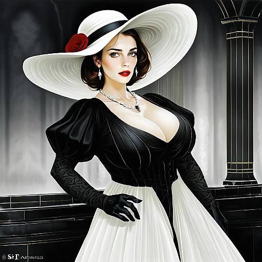 Elegant Anime Woman in Vintage Black and White Dress with Wide-Brimmed Hat