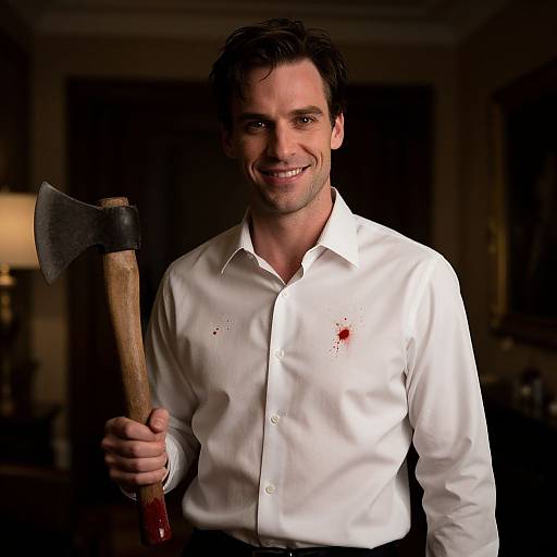 Man Holding Blood-Stained Axe with Blood on White Shirt Indoors
