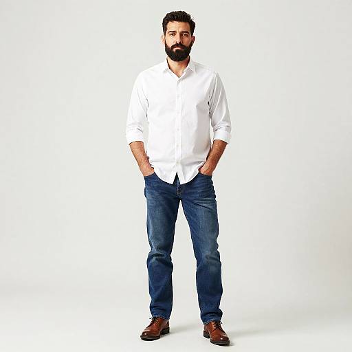 Bearded Man in White Shirt and Blue Jeans Casual Gen Z Style