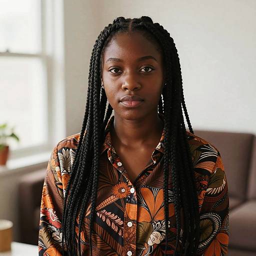 Portrait of Young Black Woman with Braids Wearing Patterned Shirt Indoors