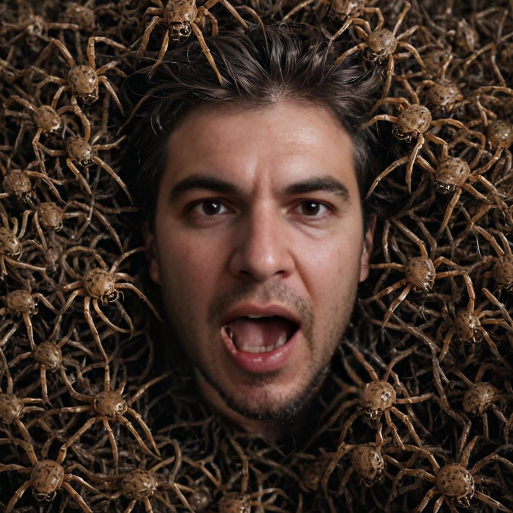 Man Surrounded by Realistic Scary Spiders