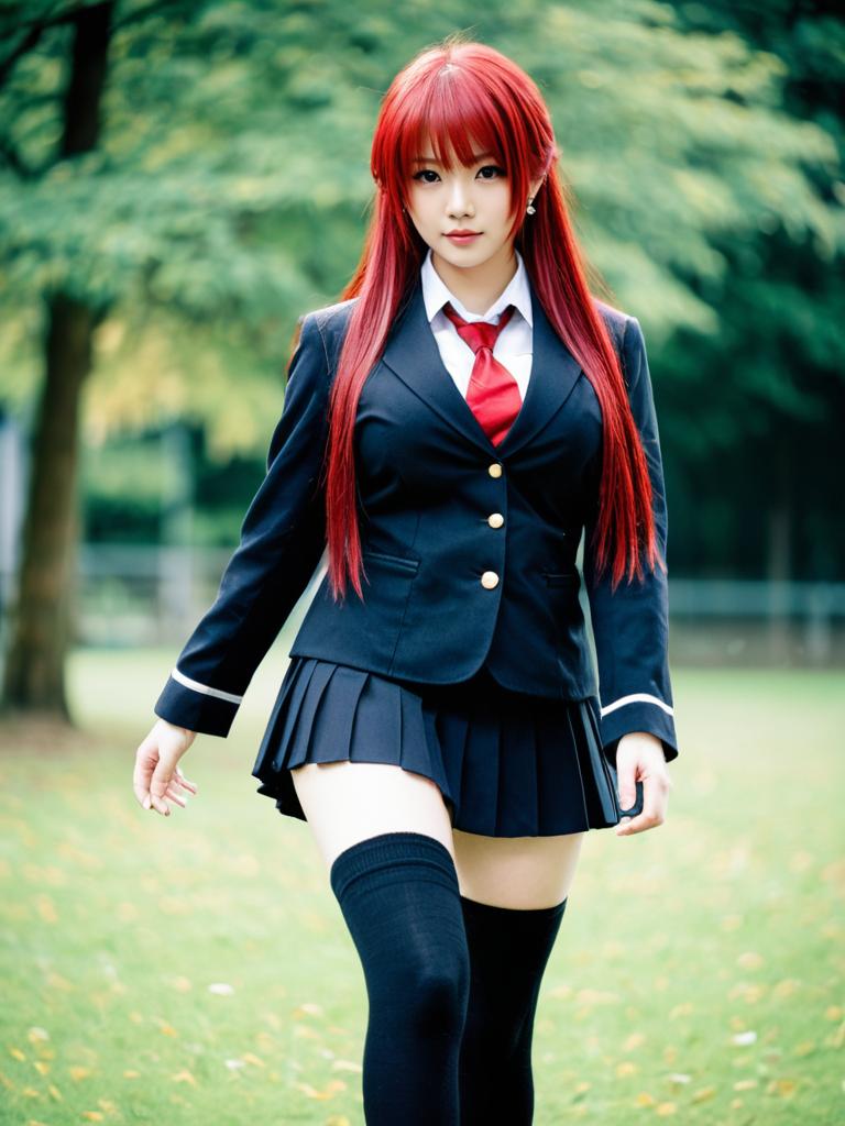 Realistic Anime Cosplay of Shana character from Shakugan no Shana with Red Hair and School Uniform