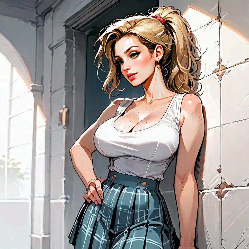 Stylized Digital Illustration of Confident Blonde Woman in Plaid Skirt