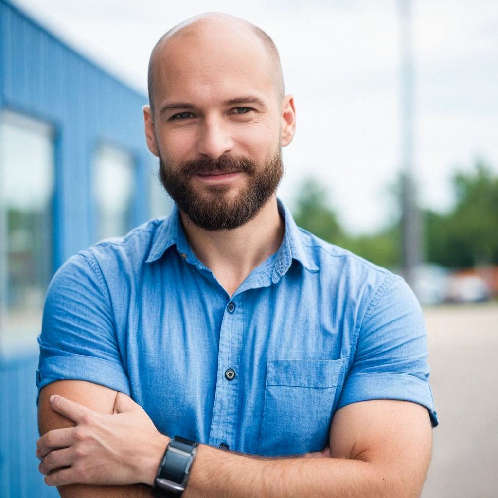 Confident bald man in casual urban setting
