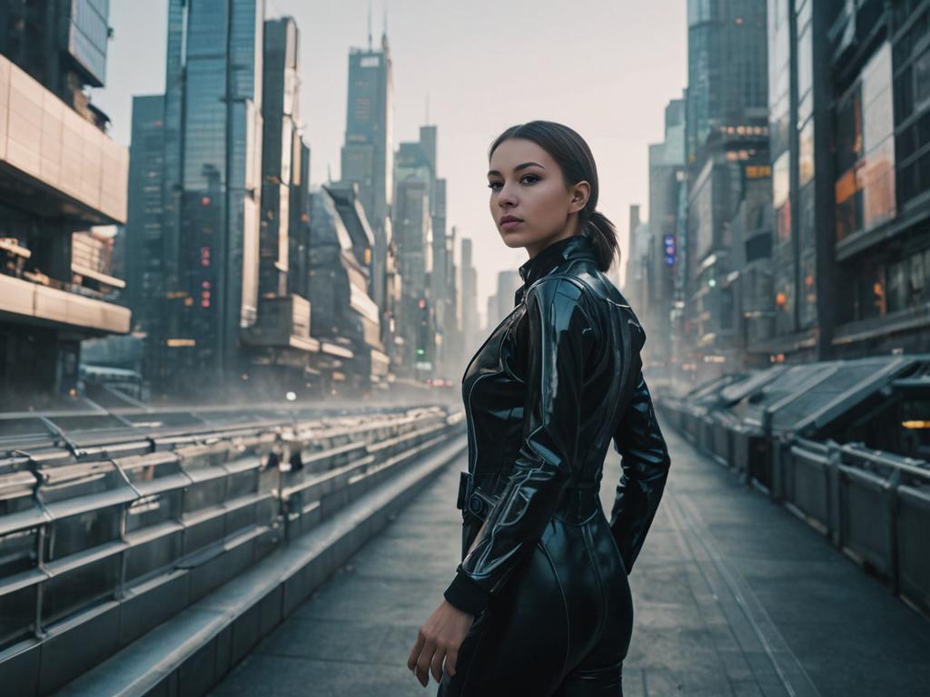 Confident Woman in Futuristic Cityscape