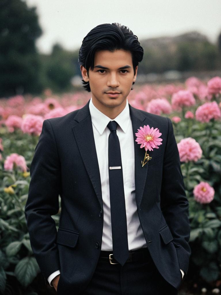 Young Man in Black Suit with Pink Flower Boutonniere in Garden