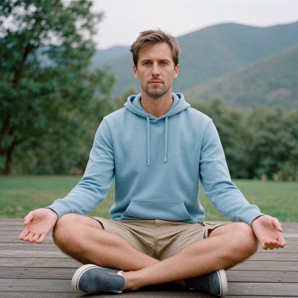 Young Man Meditating Outdoors in Light Blue Hoodie on Wooden Deck