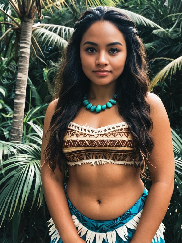 Woman in Moana-Inspired Tropical Costume with Turquoise Necklace