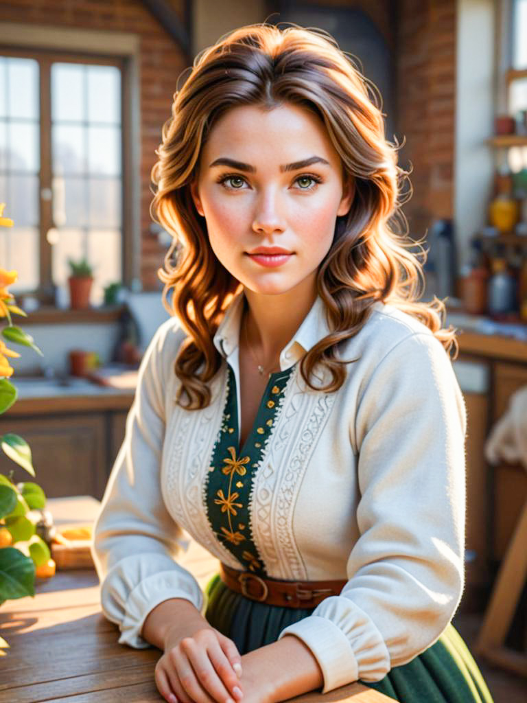 Serene Young Woman in Vintage Blouse in Cozy Kitchen