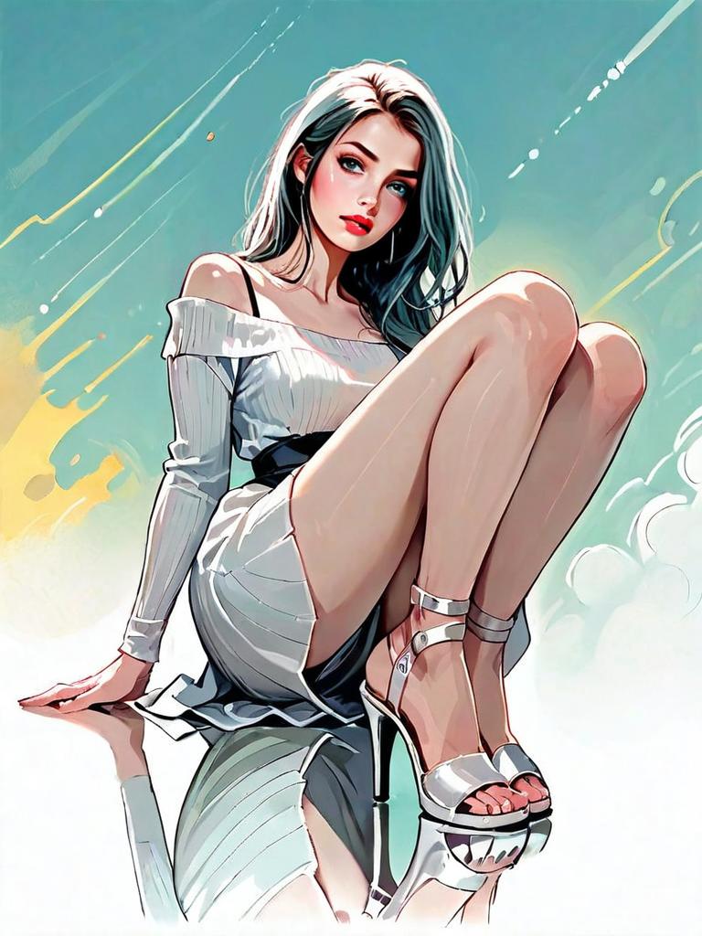 Realistic Digital Illustration of Woman in White Dress Full Body Comic Style