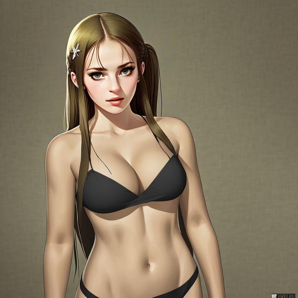 Anime Woman in Black Bikini Styled Digital Illustration