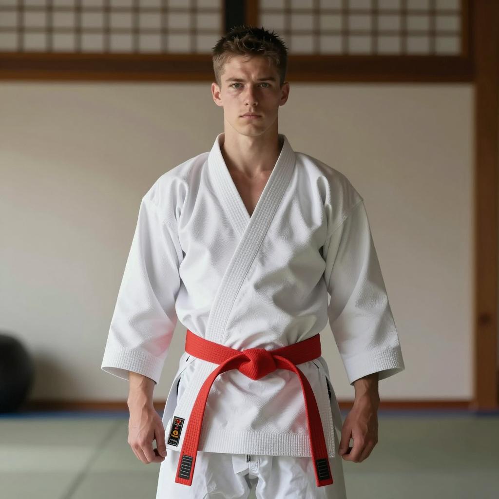 Young Man in Karate Gi with Red Belt in Dojo