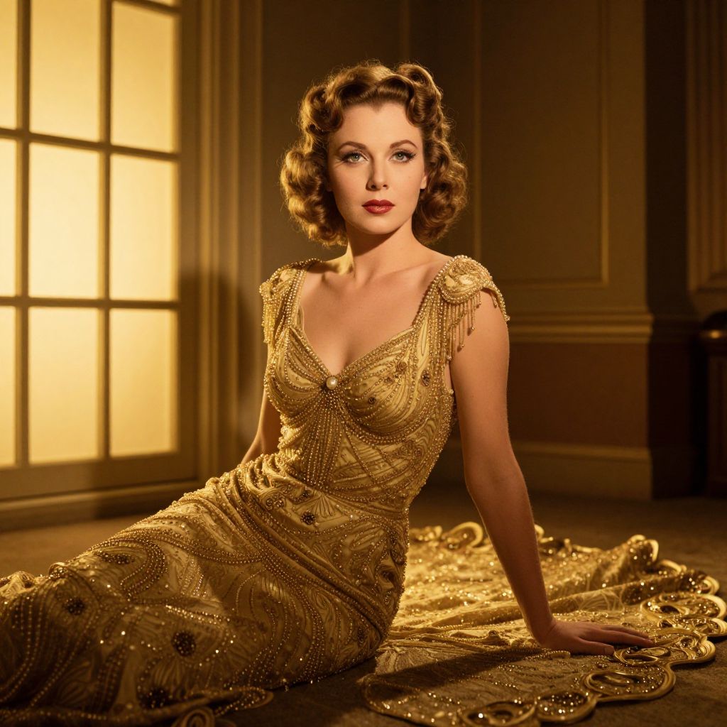Elegant Woman in Vintage Beaded Gold Gown with Hollywood Glamour Style