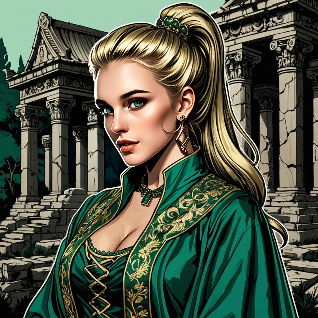 Elegant Woman in Green Costume with Ancient Ruins Background Digital Illustration