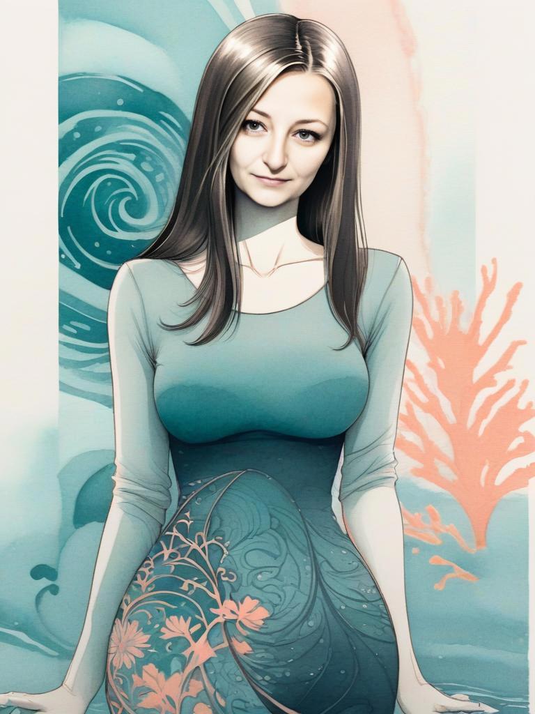 Serene Woman with Flowing Hair in Aqua and Coral