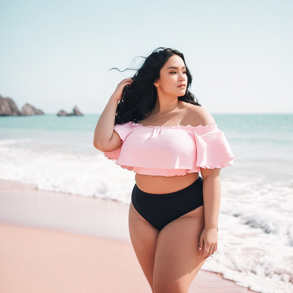 Confident Woman on Beach in Pink Top